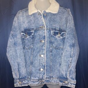 Celebrity Pink Blue Jean Jacket with White Sherpa Collar